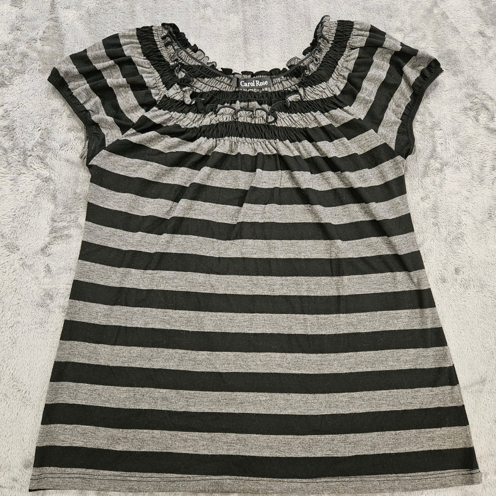 Carol Rose Women Black Grey Striped Smocked Scoop Neck Short Sleeve Top Blouse
